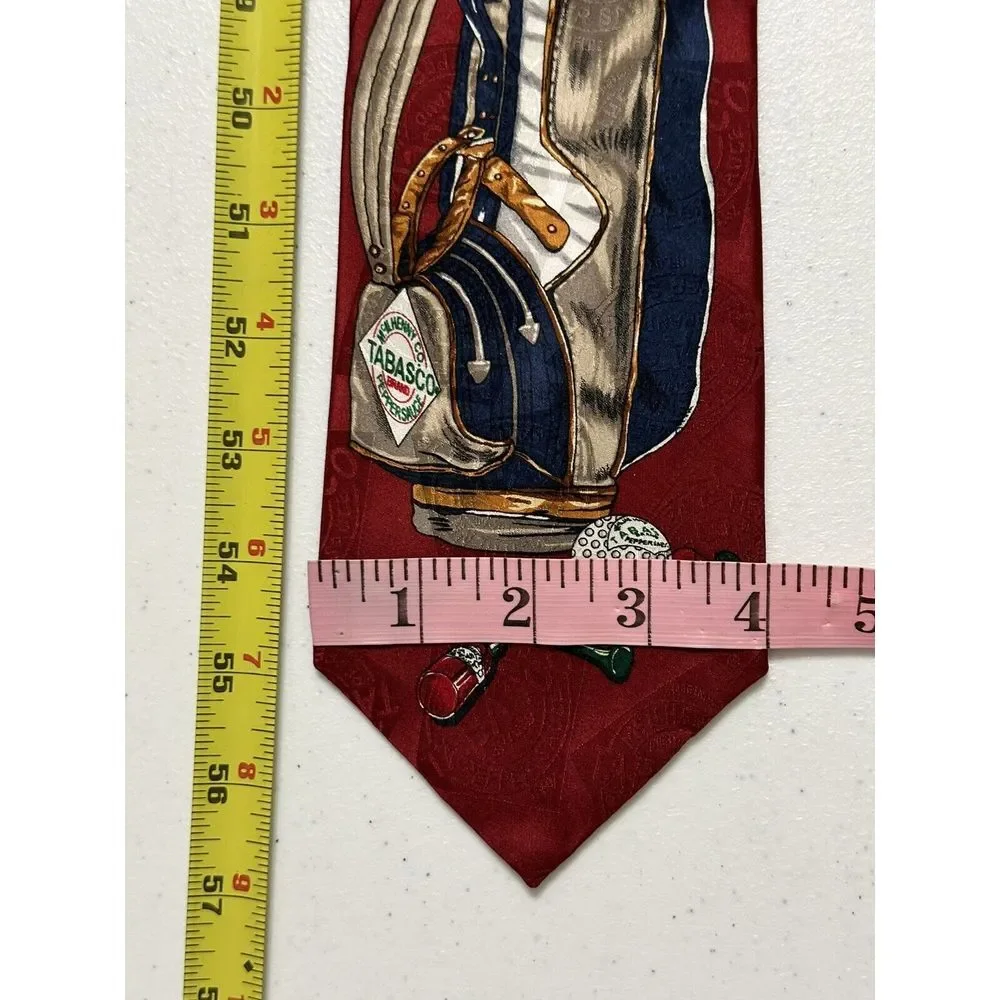 Tabasco Golf Theme Necktie 100% Silk Jacquard Logo Red Excellent 57x4